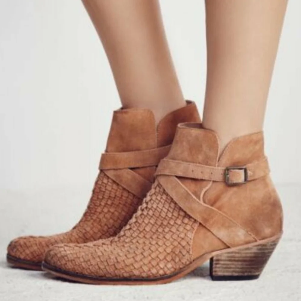 Free People Venture Boho/Western Taupe Woven Distressed Suede Ankle Boots - Picture 12 of 12